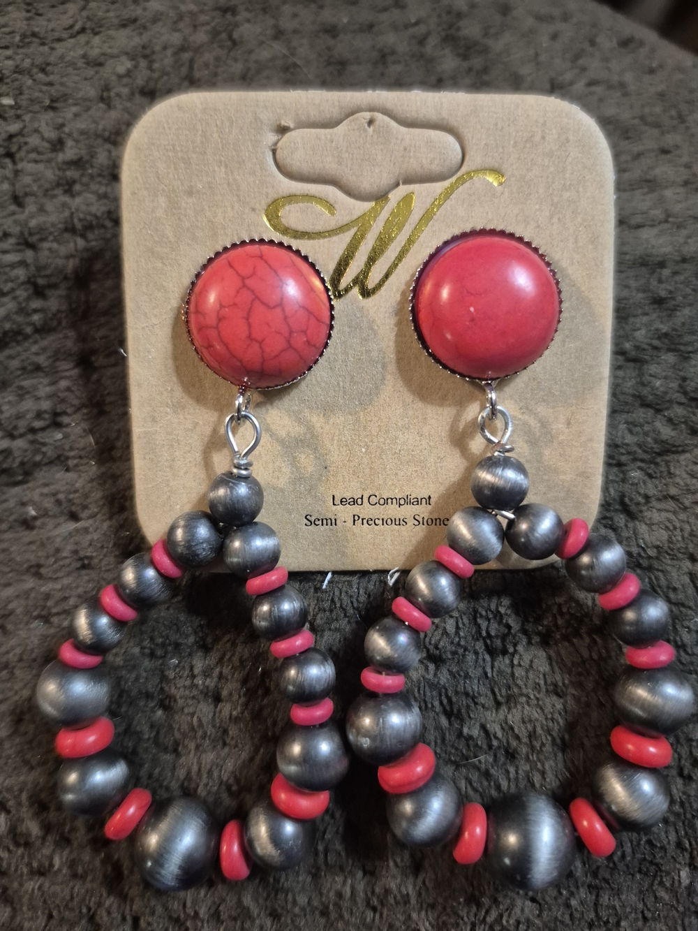 Pink Stone and Gunmetal Beaded Hoop Drop Earrings - Women